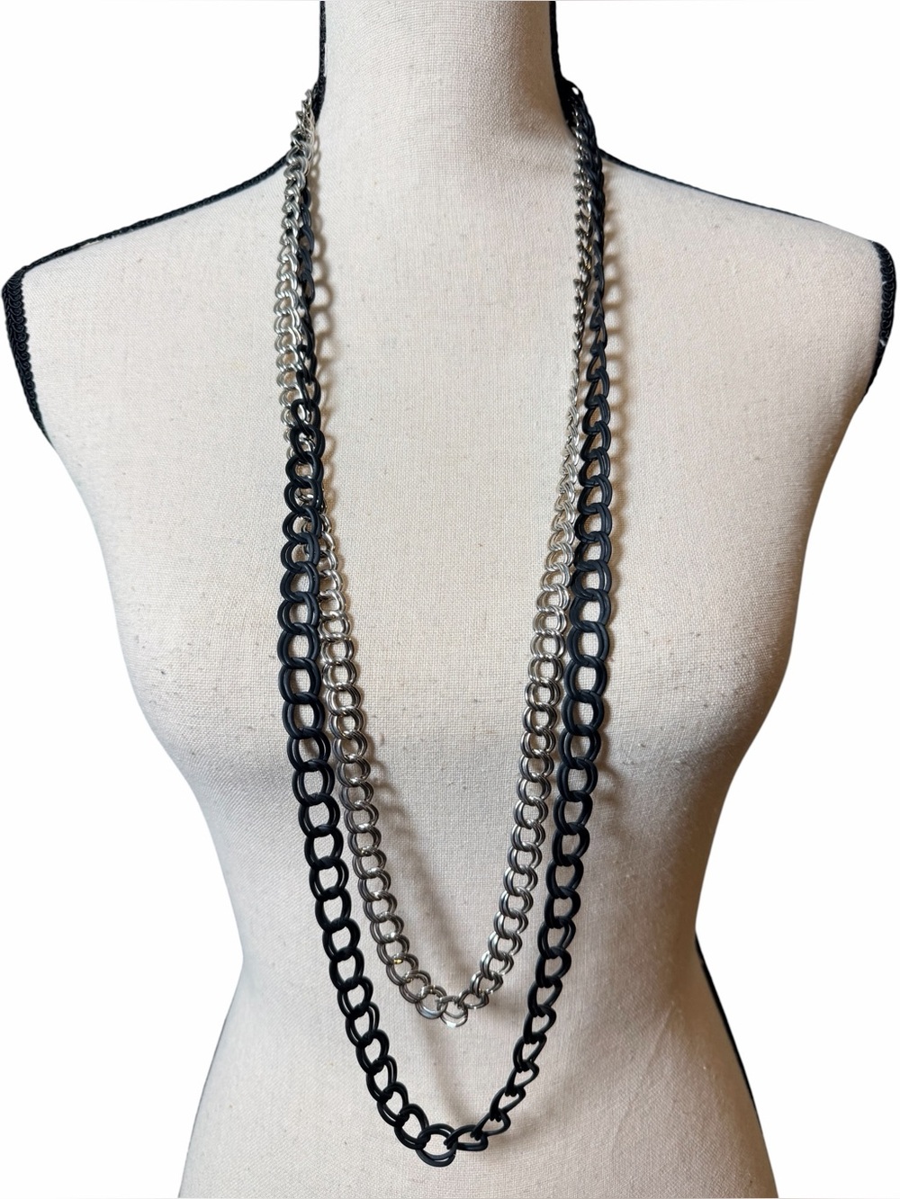 Two-Tone Black & Silver Mixed Media Layered Long Chain Necklace